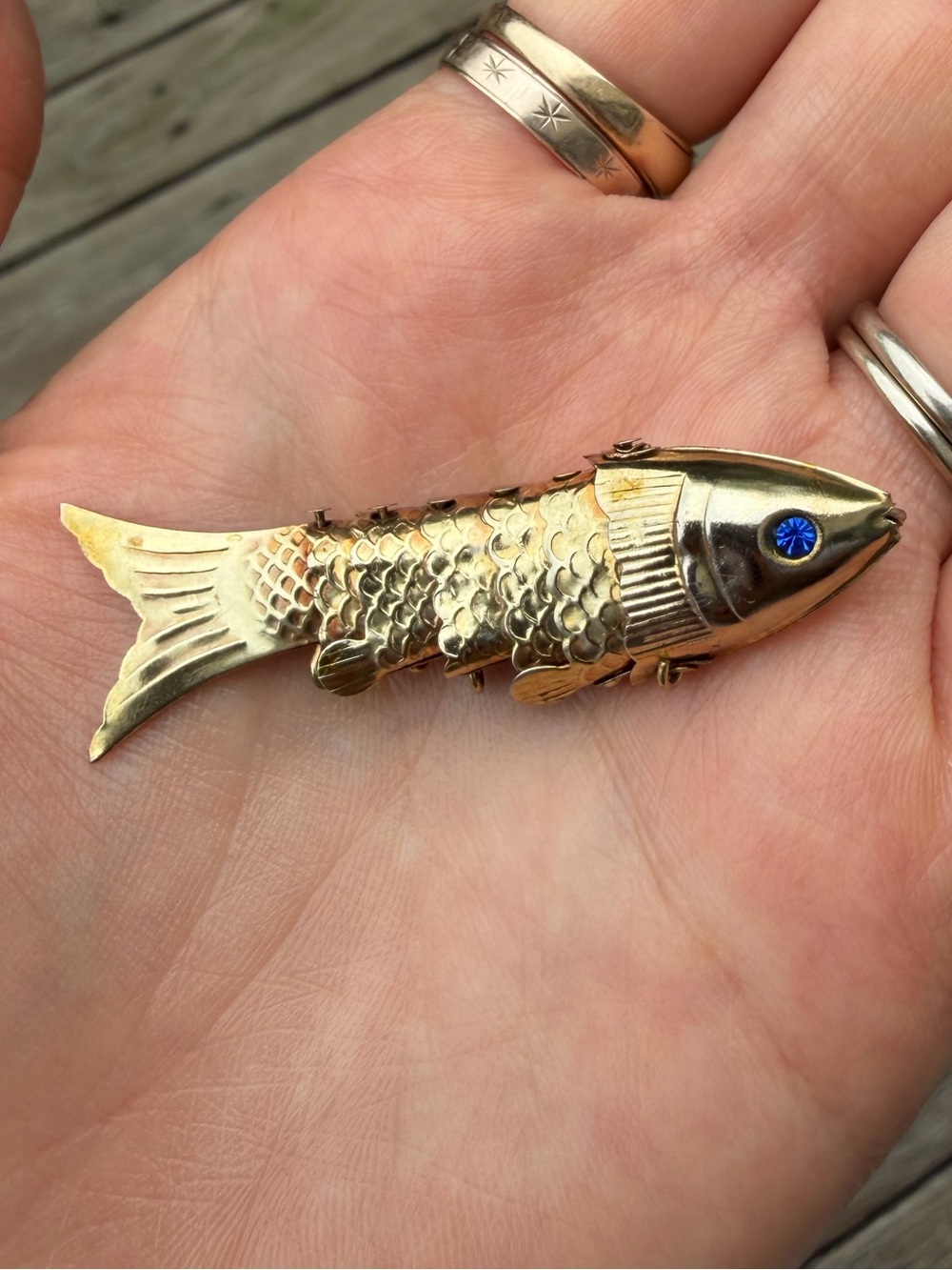 Vintage Gold Tone Articulated Wiggle Fish Charm with Blue Crystal Eyes